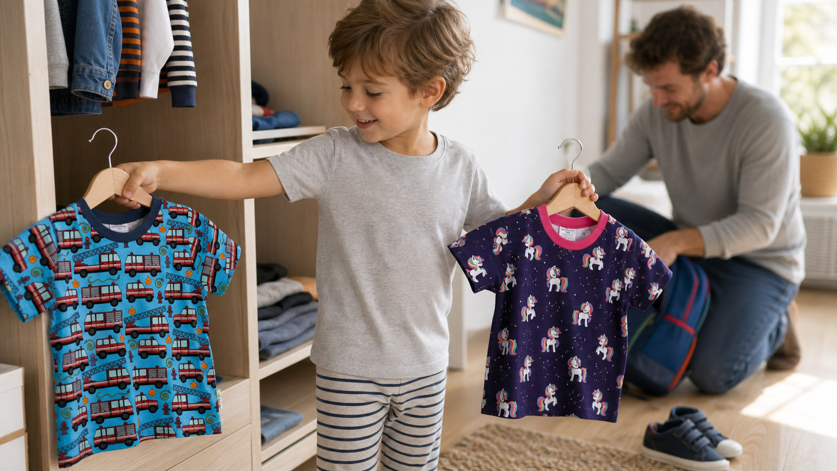 Kind wählt morgens vor dem Kleiderschrank zwischen einem türkisfarbenen Feuerwehr-Shirt und einem dunkelblauen Einhorn-Shirt.