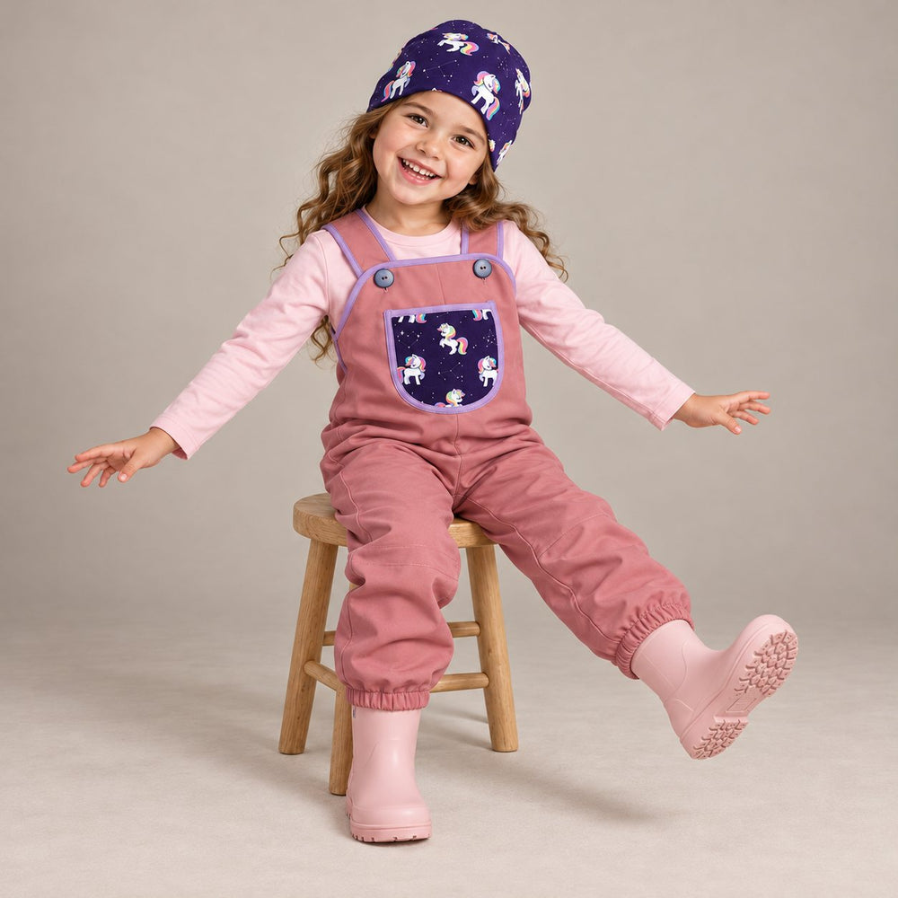 Softshell-Latzhose GalaxyUnicorns + Beanie + Uni-Langarmshirt babyrosa