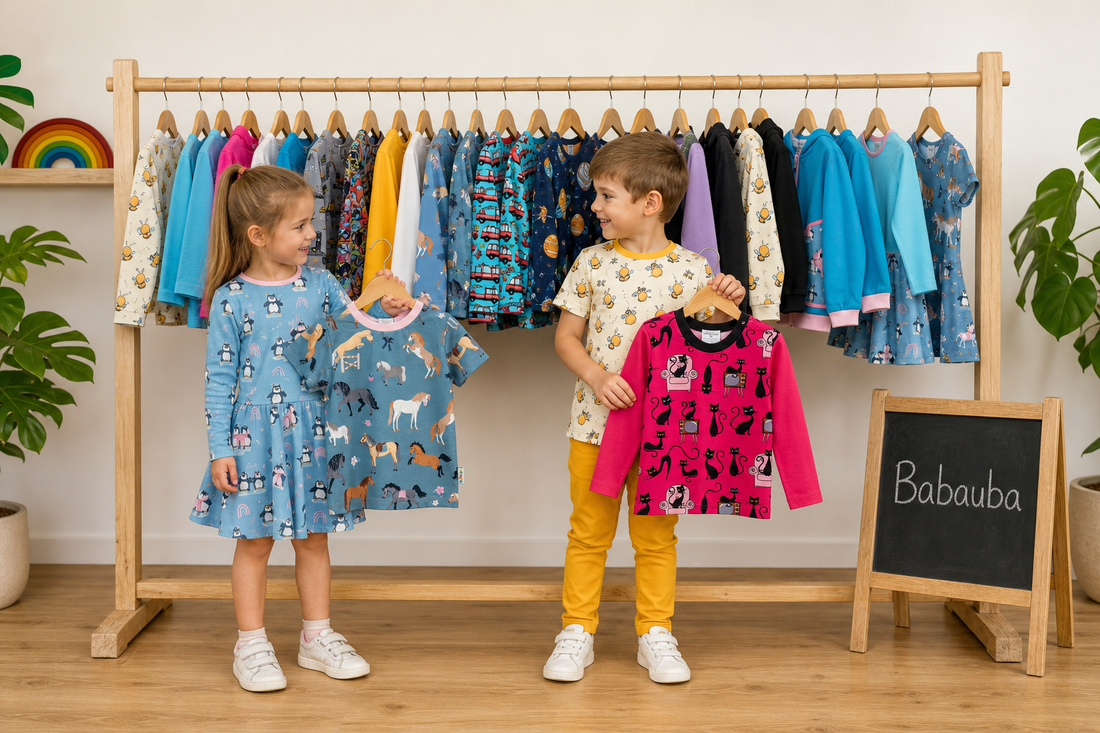 Zwei Kinder präsentieren farbenfrohe Babauba-Kleidung vor einer Kleiderstange mit vielfältigen Shirts, Kleidern und Hoodies.