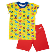 2-teiliges Set aus bunt gemustertem T-Shirt und einfarbiger kurzer Hose für Kinder 
