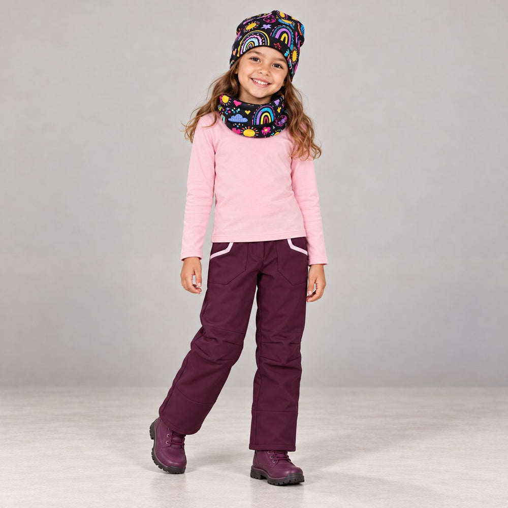 LovelyRainbows-Black beanie + loop, uni-softshellhose aubergine + uni-langarmshirt babyrosa