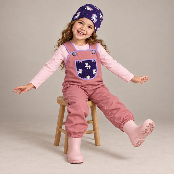 Softshell-Latzhose GalaxyUnicorns + Beanie + Uni-Langarmshirt babyrosa